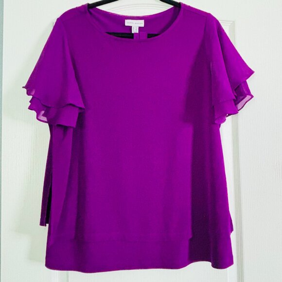 Susan Graver Tops - Susan Graver Liquid Knit Layered Top Chiffon Sleeves Violet Size L